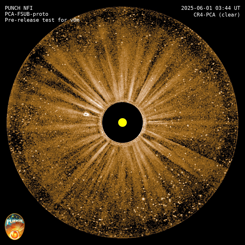 A single background-subtracted NFI image shows the solar corona early in the PUNCH science mission.  A link points to a movie, on YouTube, of a full year of PUNCH/NFI images of the solar corona