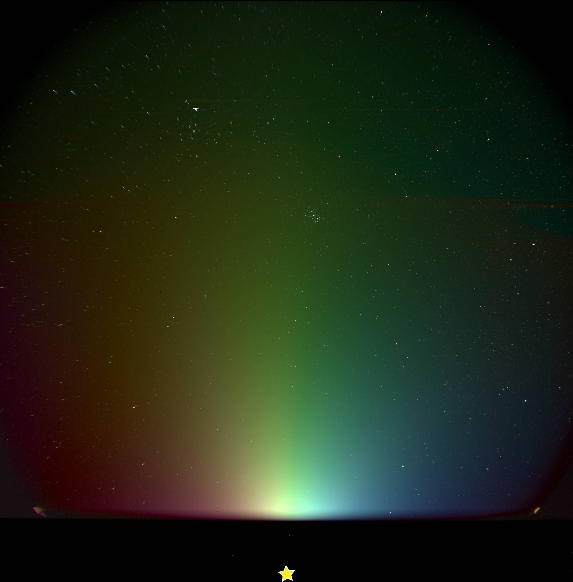 A polarimetric image set collected by PUNCH/WFI-2 on 18-April-2025 shows the zodiacal light as an ethereal rainbow in front of the familiar constellations of Taurus (including the Pleiades) and Triangulum.
