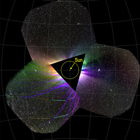 A colorful image of the solar corona, starfield, and dust shows colorful streaks from the polarized corona and moving dust motes near the PUNCH spacecraft