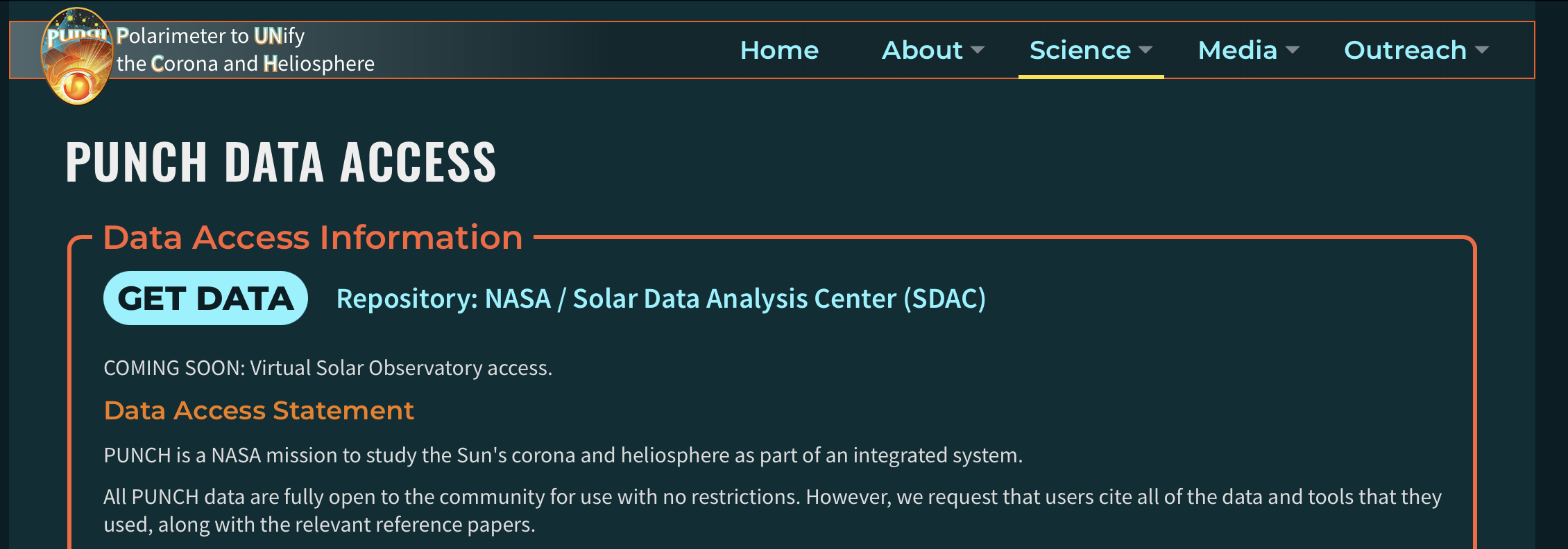 Screen snap of the PUNCH data access page