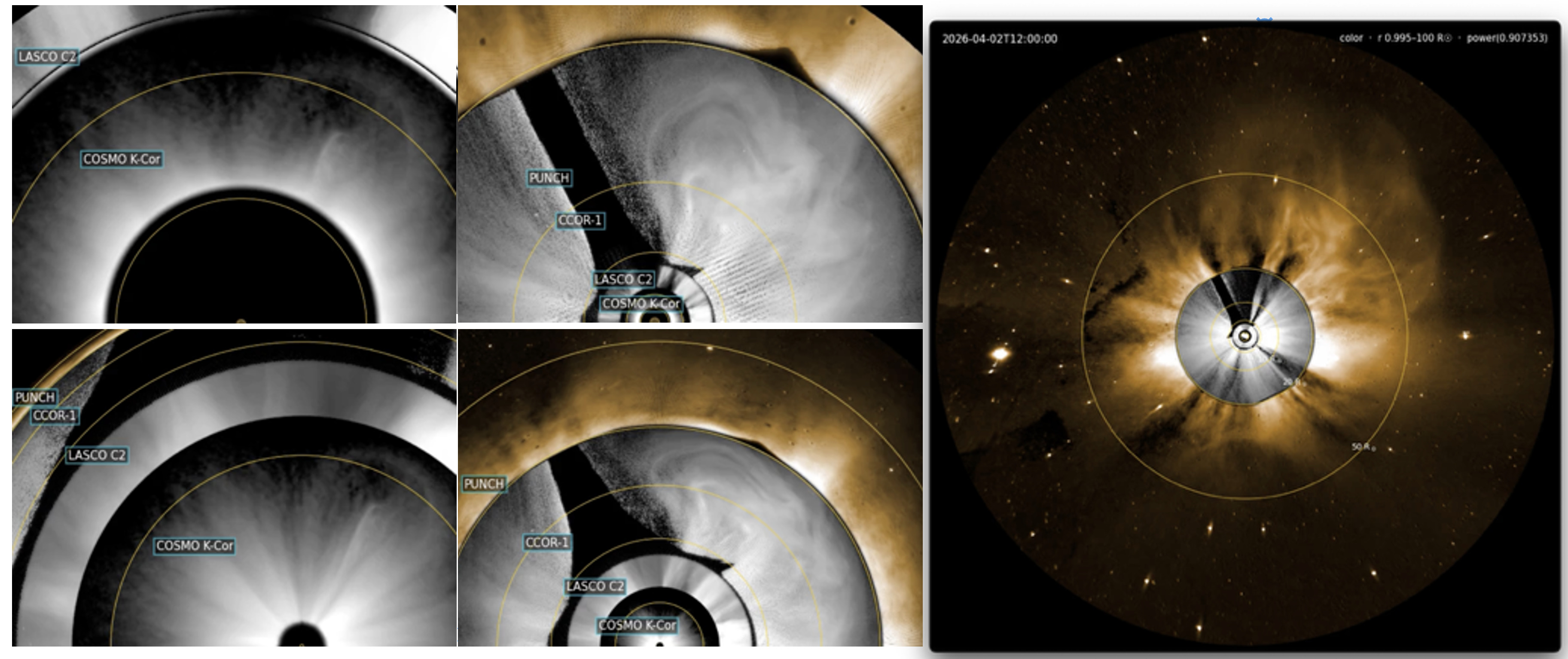 Five panels show various ways of visualizing the CME that occurred during the April 2026 Artemis mission to fly by the Moon